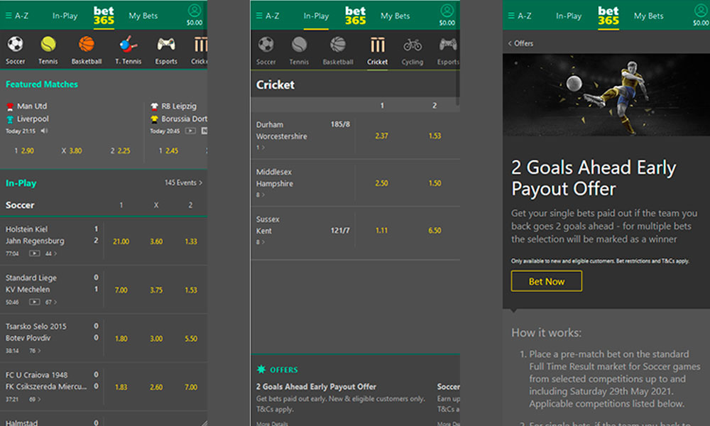 Screenshot of Bet365 for mobile devices