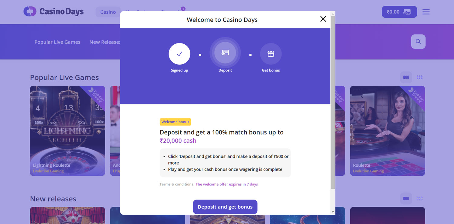 Example of welcome bonus from Casino Days