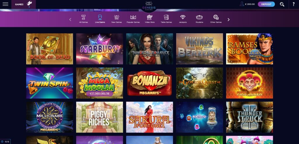A page with different genesis casino games.