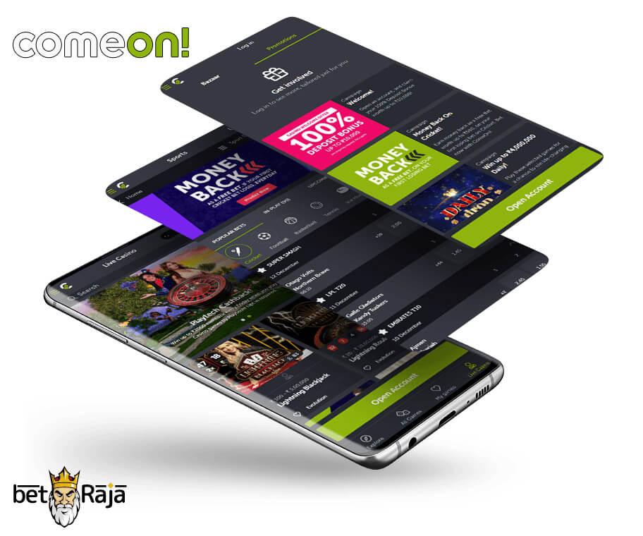 ComeOn mobile interface on smartphone.