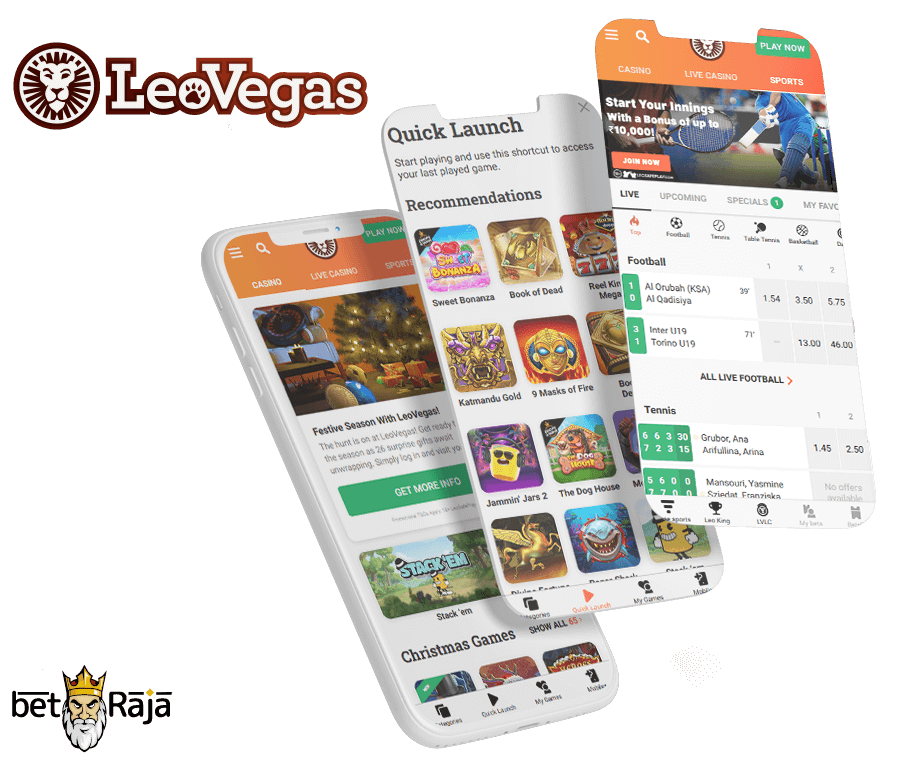 There are three screenshots of the LeoVegas betting app in India.