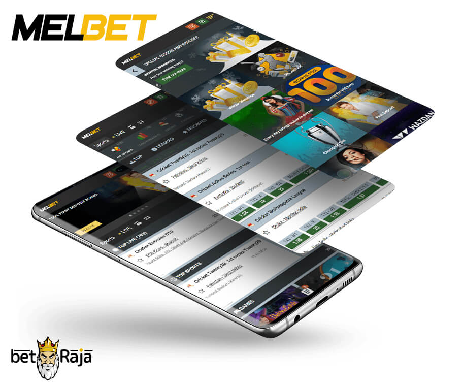 3 screenshots of the mobile Melbet interface.
