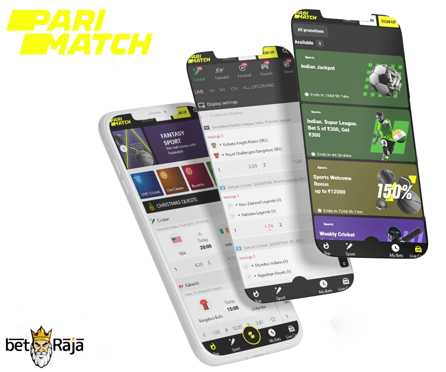 Parimatch mobile betting app. Three screenshots of app.