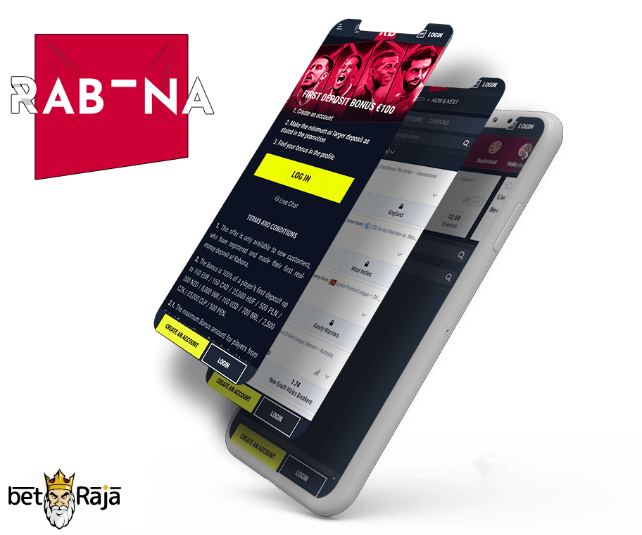 Rabona mobile betting provider ant its interface on three screenshots.