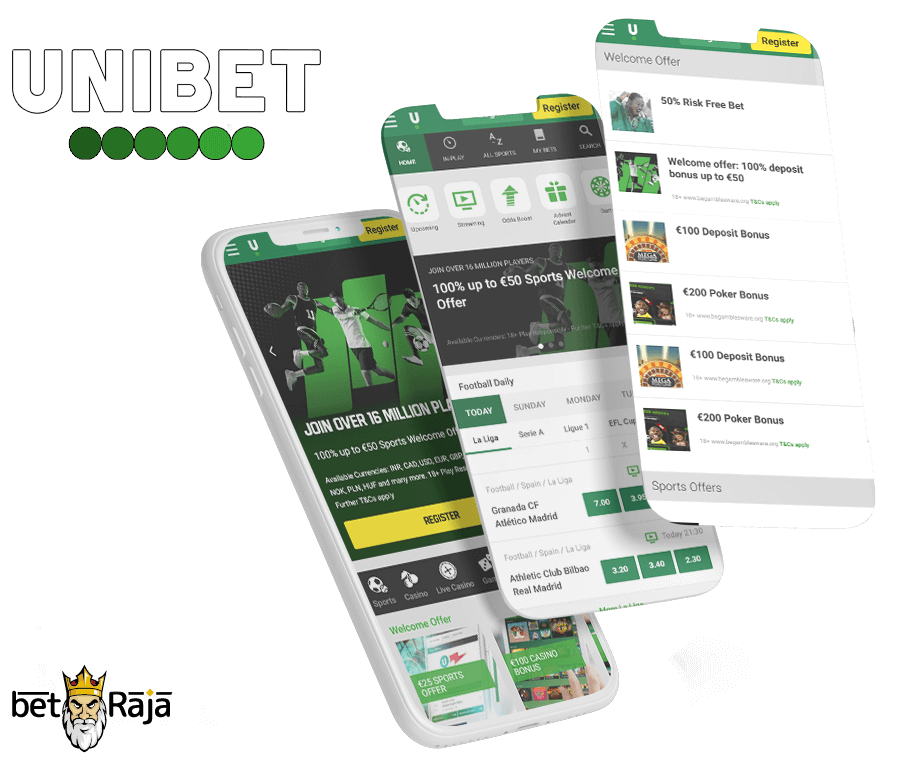 Sports betting company Unibet. There are three screenshots of the mobile interface.