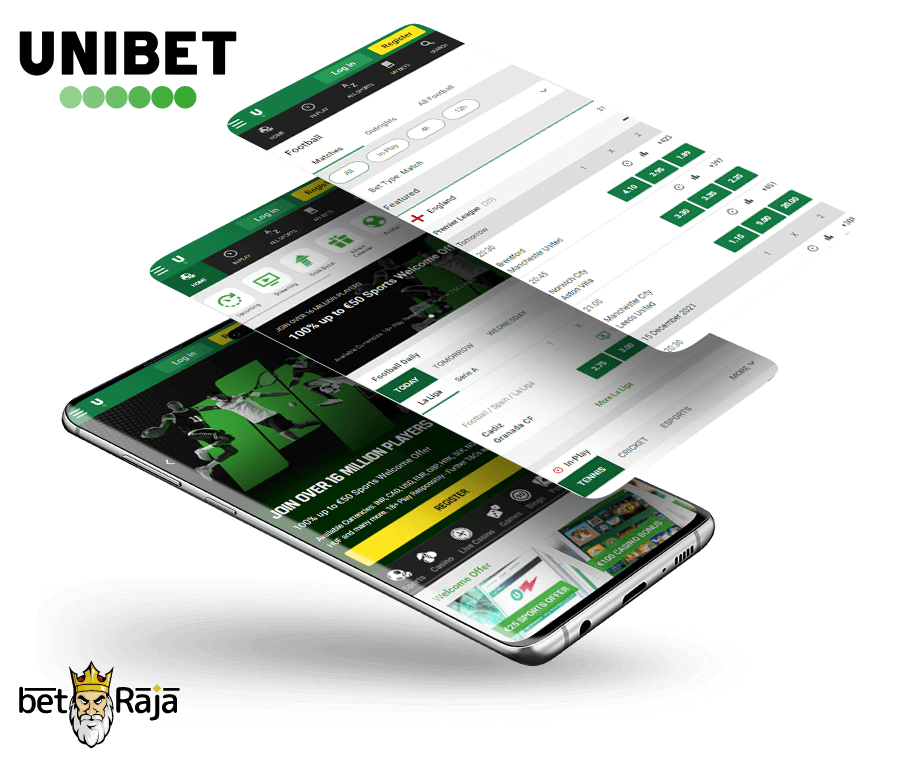 Three variants of the Unibet mobile interface.