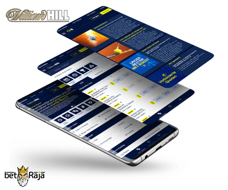 A mobile interface of the William Hill bookie. In this picture is shown three screens of the William Hill.