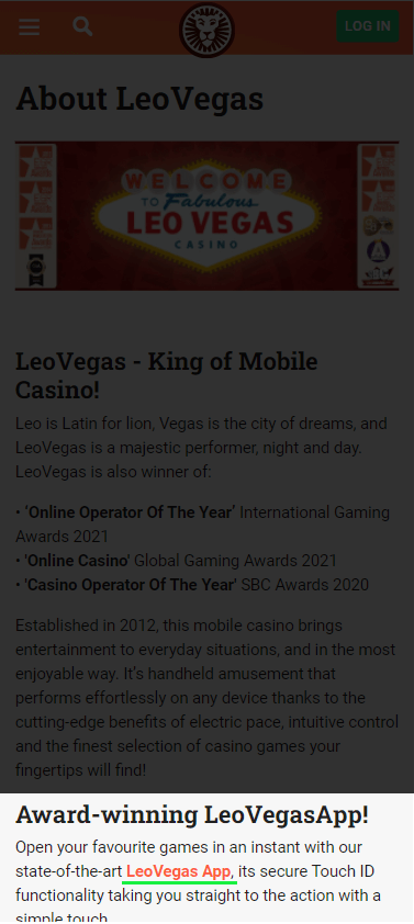 About us page on the Leovegas.
