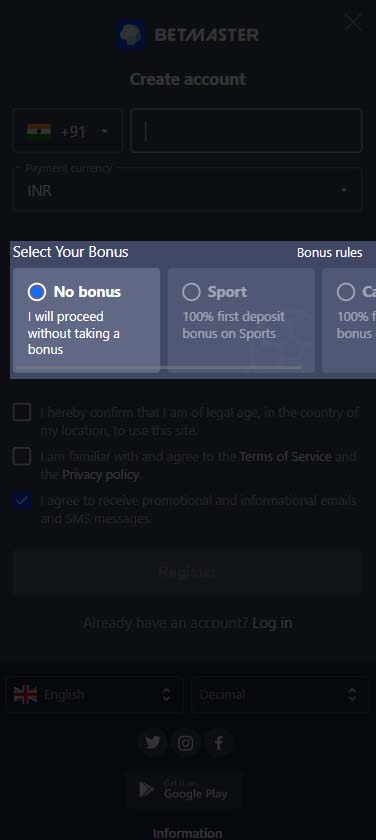 Choose a suitable welcome bonus. on the betmaster platform.