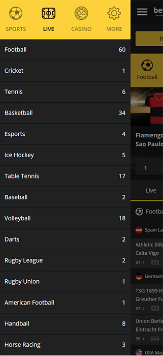 Live Section on the betObet menu.
