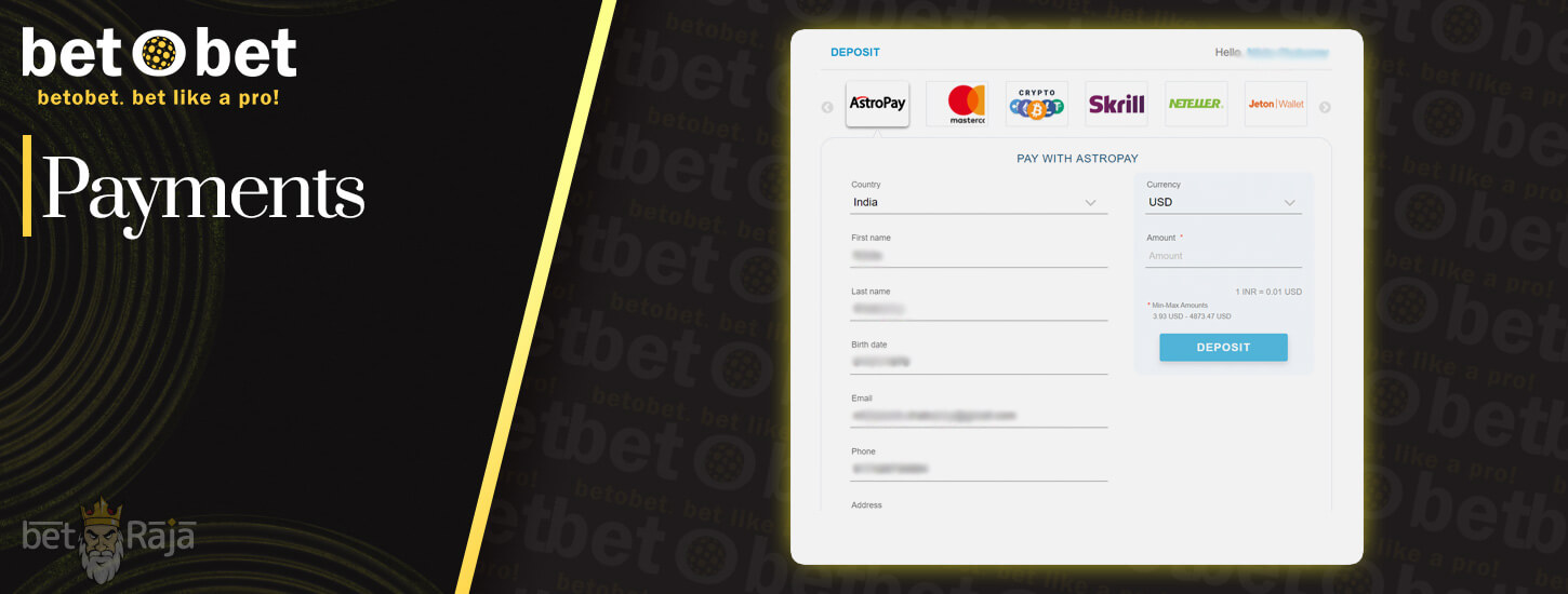 Payments available on the betObet platform.