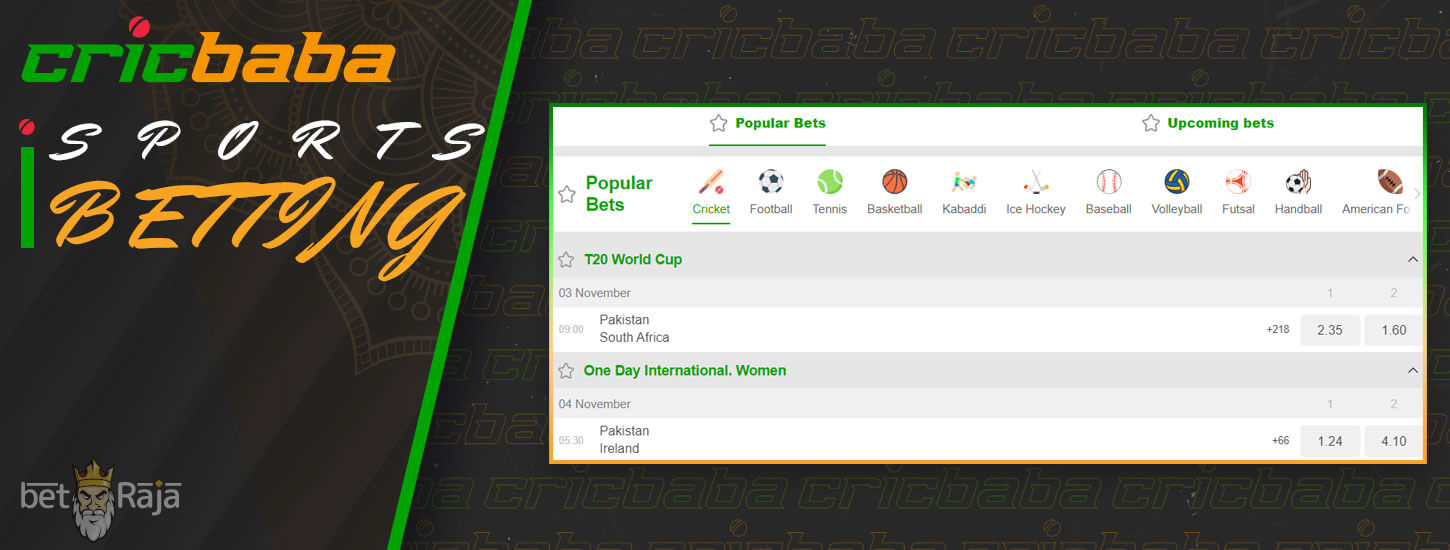 All options for betting on the Cricbaba betting platform.