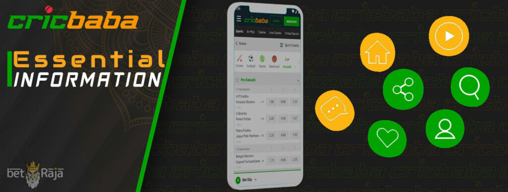 All the features and interface of the Cricbaba casino app.