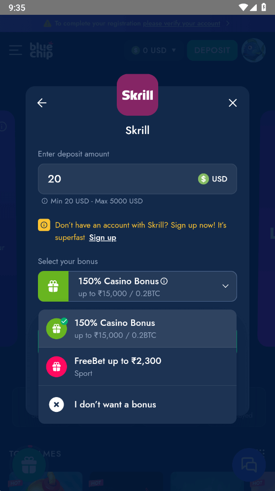 Finally, choose which type of bonus you want to be credited in the Bluechip mobile app.