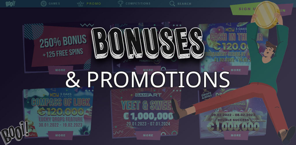 All about Booi Casino bonuses and promotions: first deposit bonus, free spins, cashback.