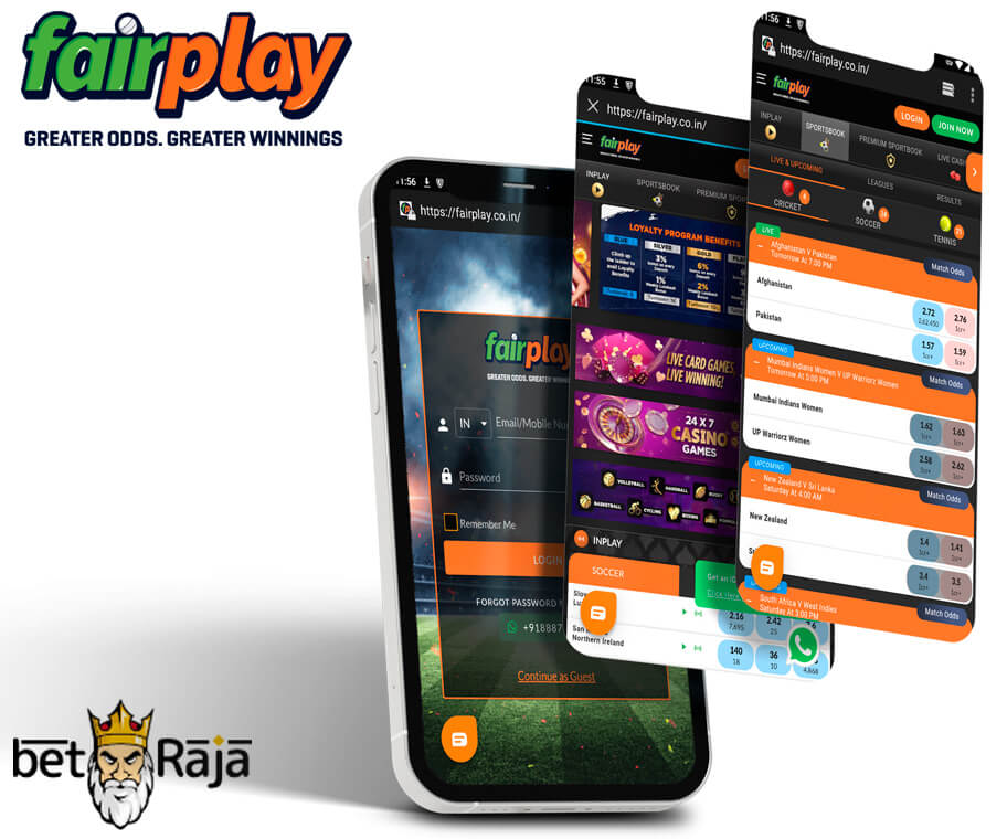 Fairplay mobile interface. There are 3 screenshots of the Fairplay interface on the Android device.