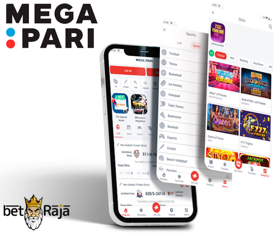 Megapari mobile interface. There are 3 screenshots of the Megapari interface on the Android device.