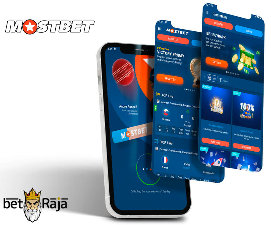 Mostbet mobile interface. There are 3 screenshots of the Mostbet interface on the Android device.