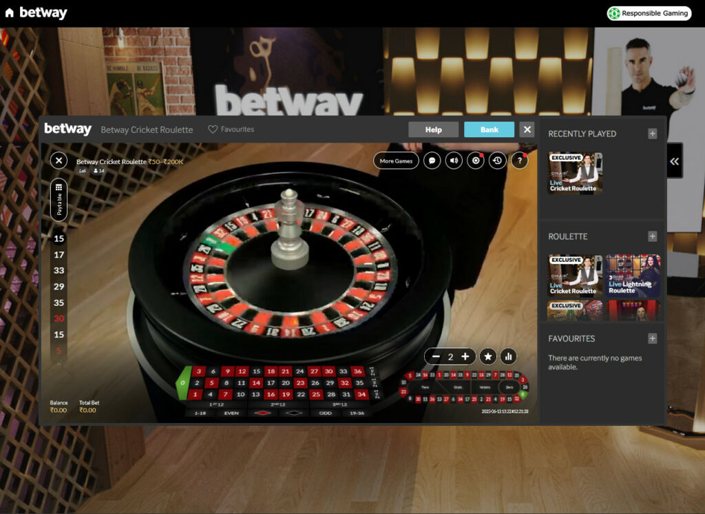 Screenshot Live Roulette page for betway official site