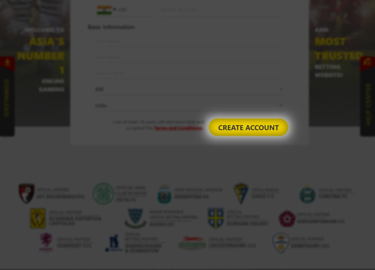 Create Account button on the official dafabet website