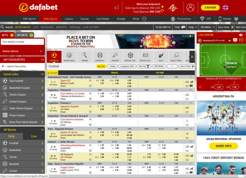 Screenshot Sports Betting page for Dafabet official site