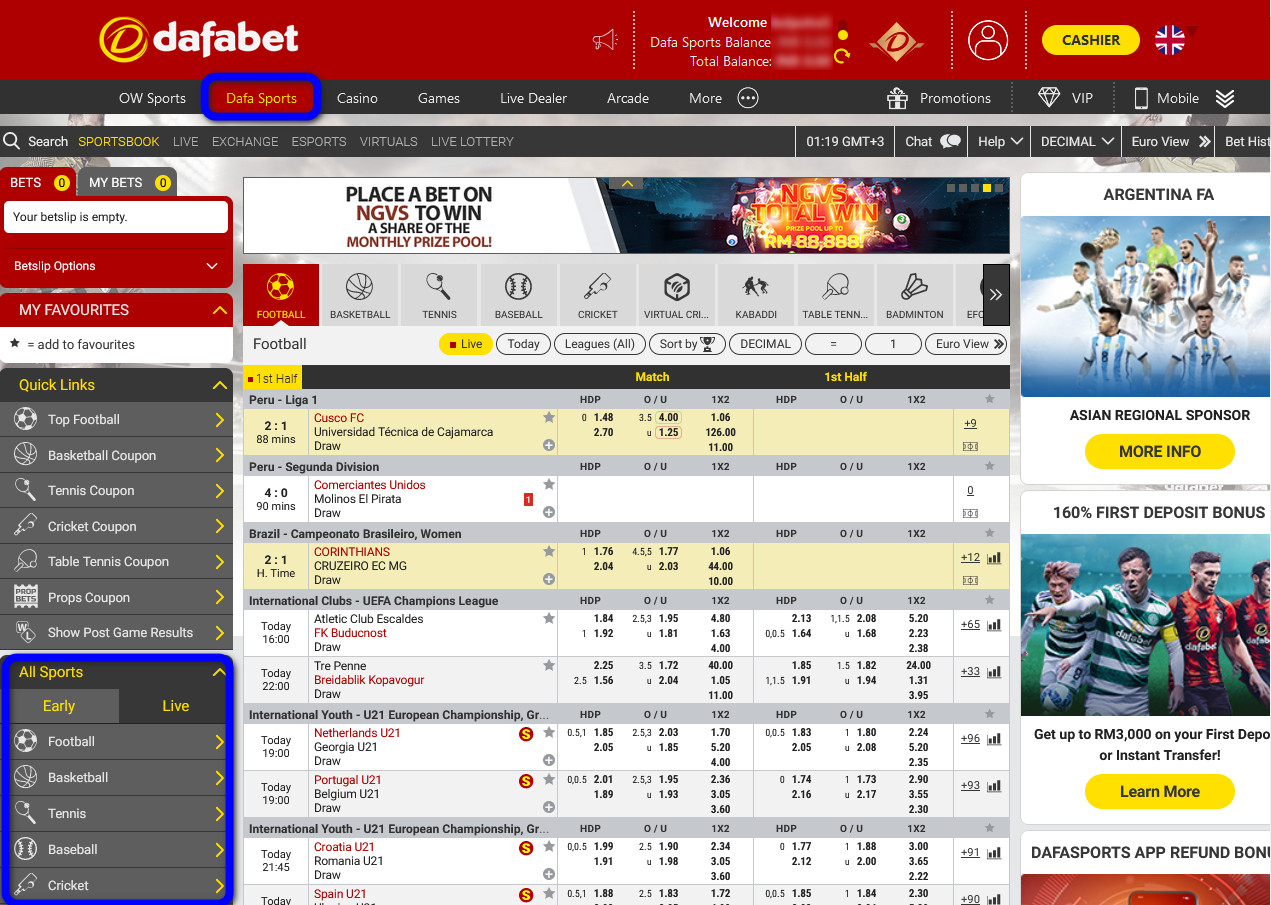 Dafabet's sports section on the website