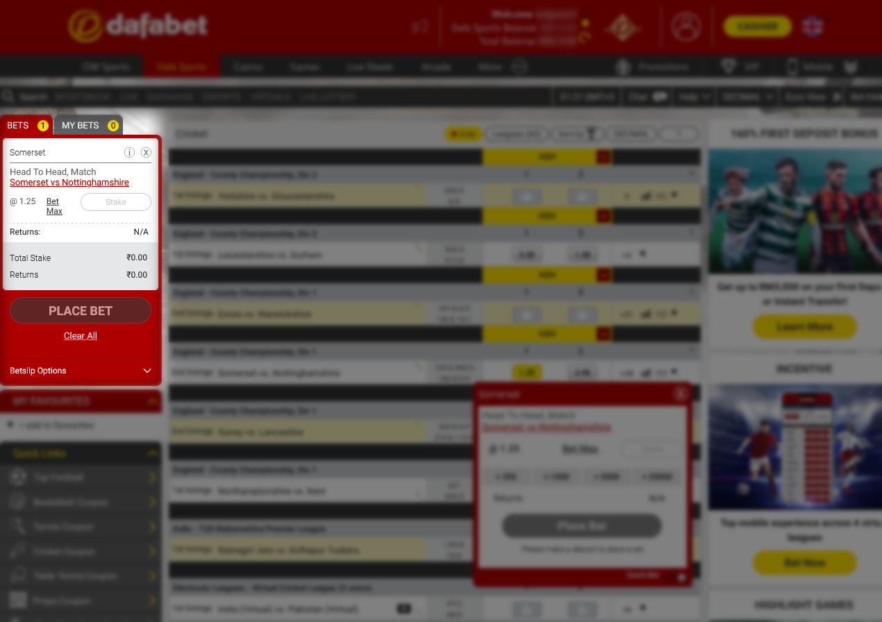 Markets section on Dafabet