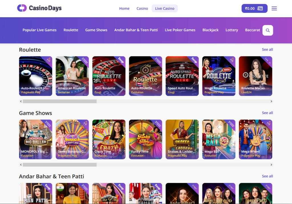 Screenshot Live Casino page for Glassi official site