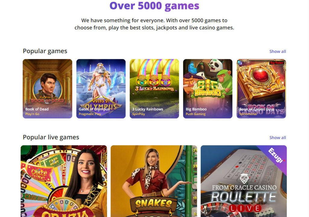 Casino Days offers a wide range of games from slots to roulette.