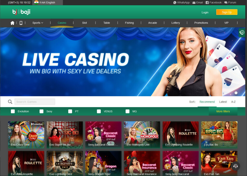 Screenshot of the Casino page of the official Baji website