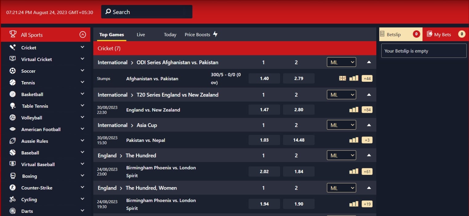 A section of Khelraja sportsbook for Indian bettors