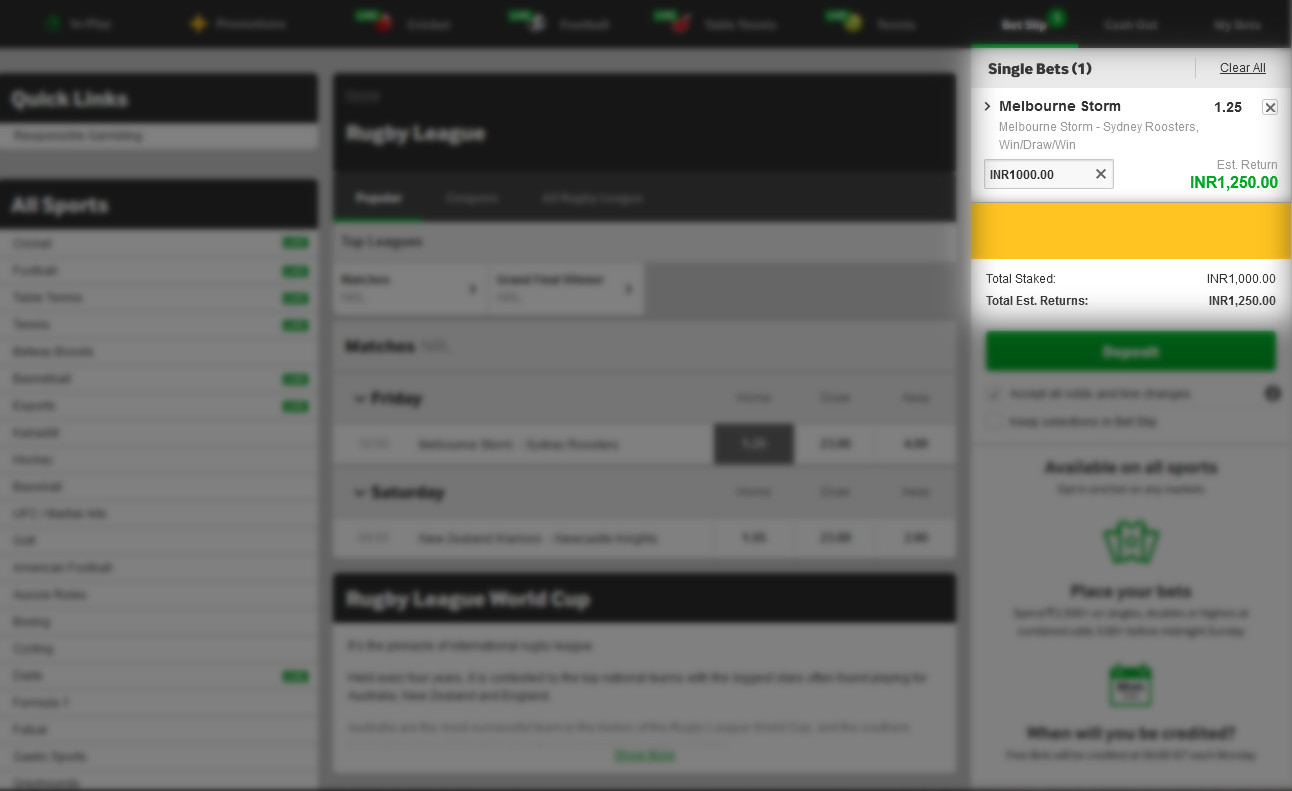 To bet on rugby, enter the bet amount and confirm it.
