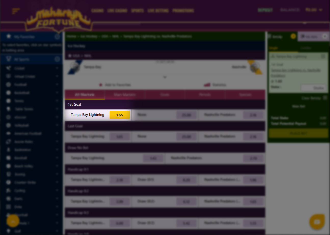 Find an event (match) on the Maharaja Fortune website to bet on.