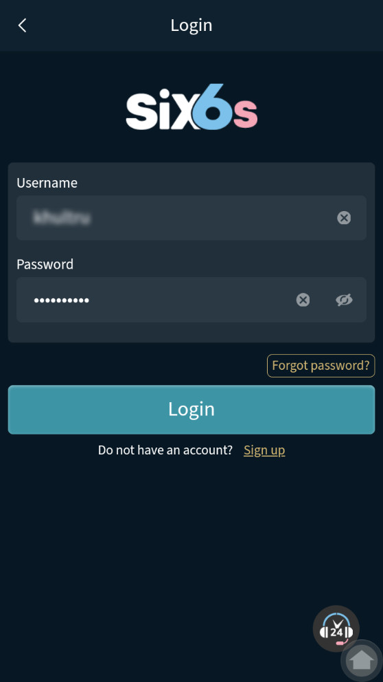 Six6s login page on mobile screen