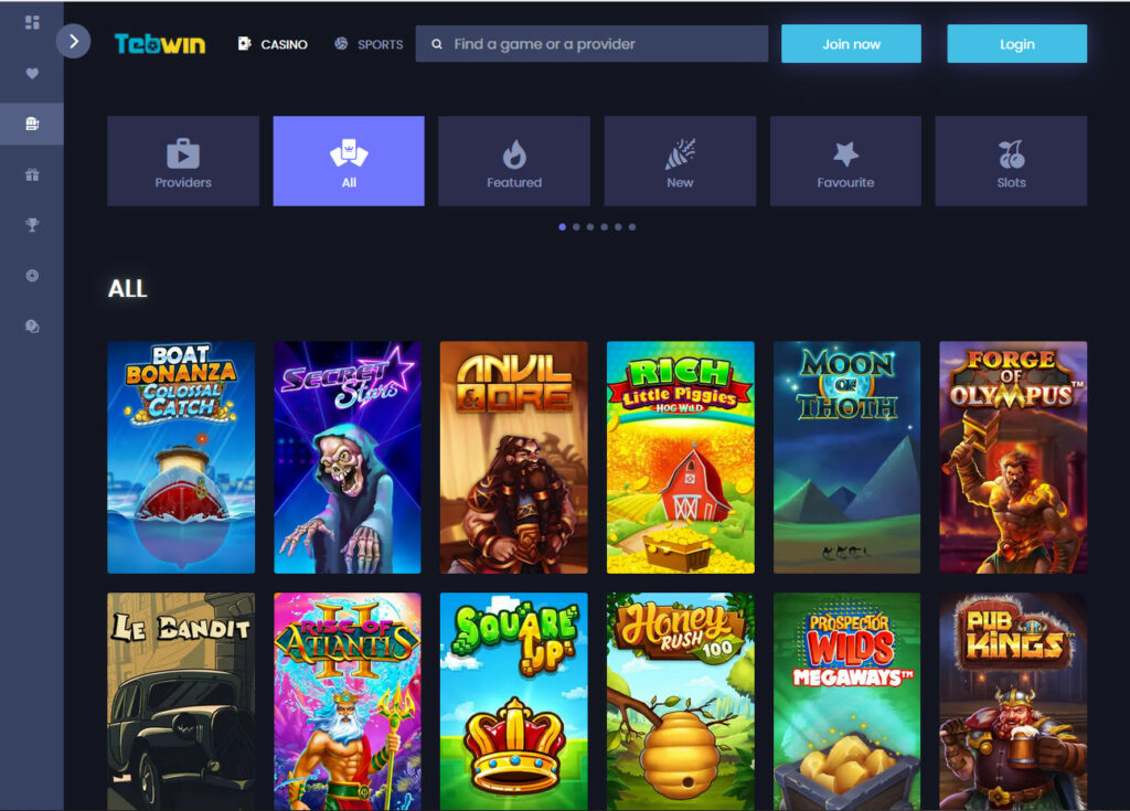 Screenshot Casino page for Tebwin official website