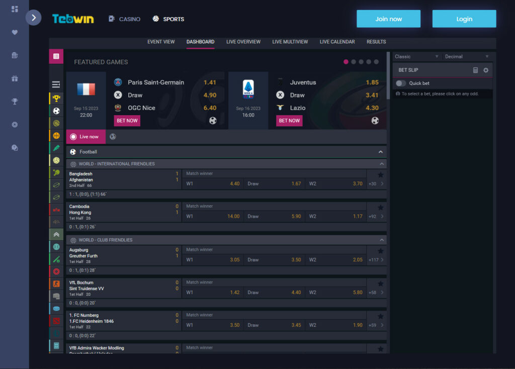 Screenshot Sportsbook page for Tebwin official website