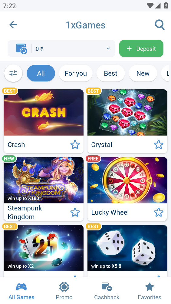 Screenshot Casino section for 1xBet official website